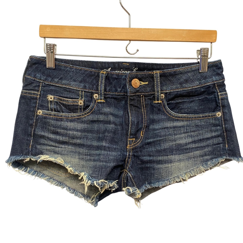 American Eagle Blue Micro Denim Jean Shorts Distressed Frayed Hem Junior Sz 25